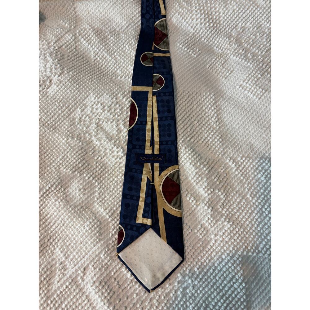 Oscar De La Renta Silk Tie Blue Gold Geometric Abstract Vintage 90's Men's - Picture 4 of 4